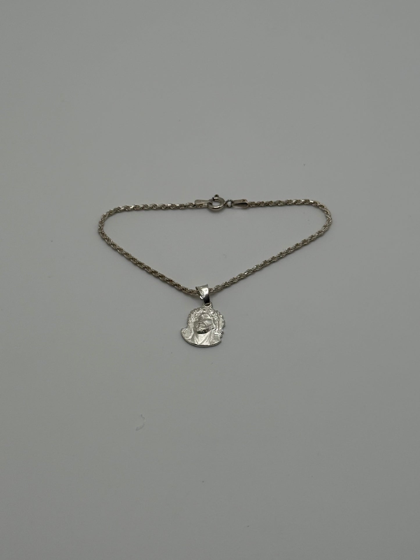 .925 Sterling Silver Jesus Head Pendant Rope Chain Necklace 7”