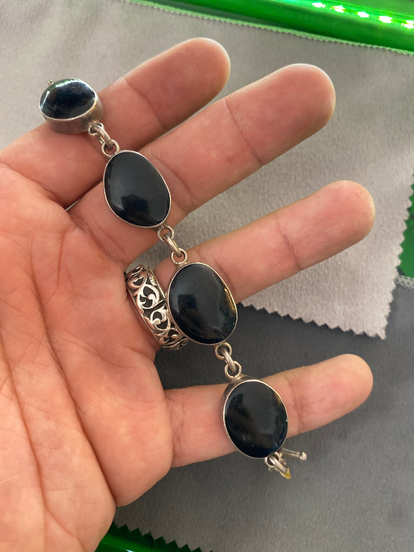 .925 Sterling Silver Large Oval Onyx Bracelet Sz 7.5”