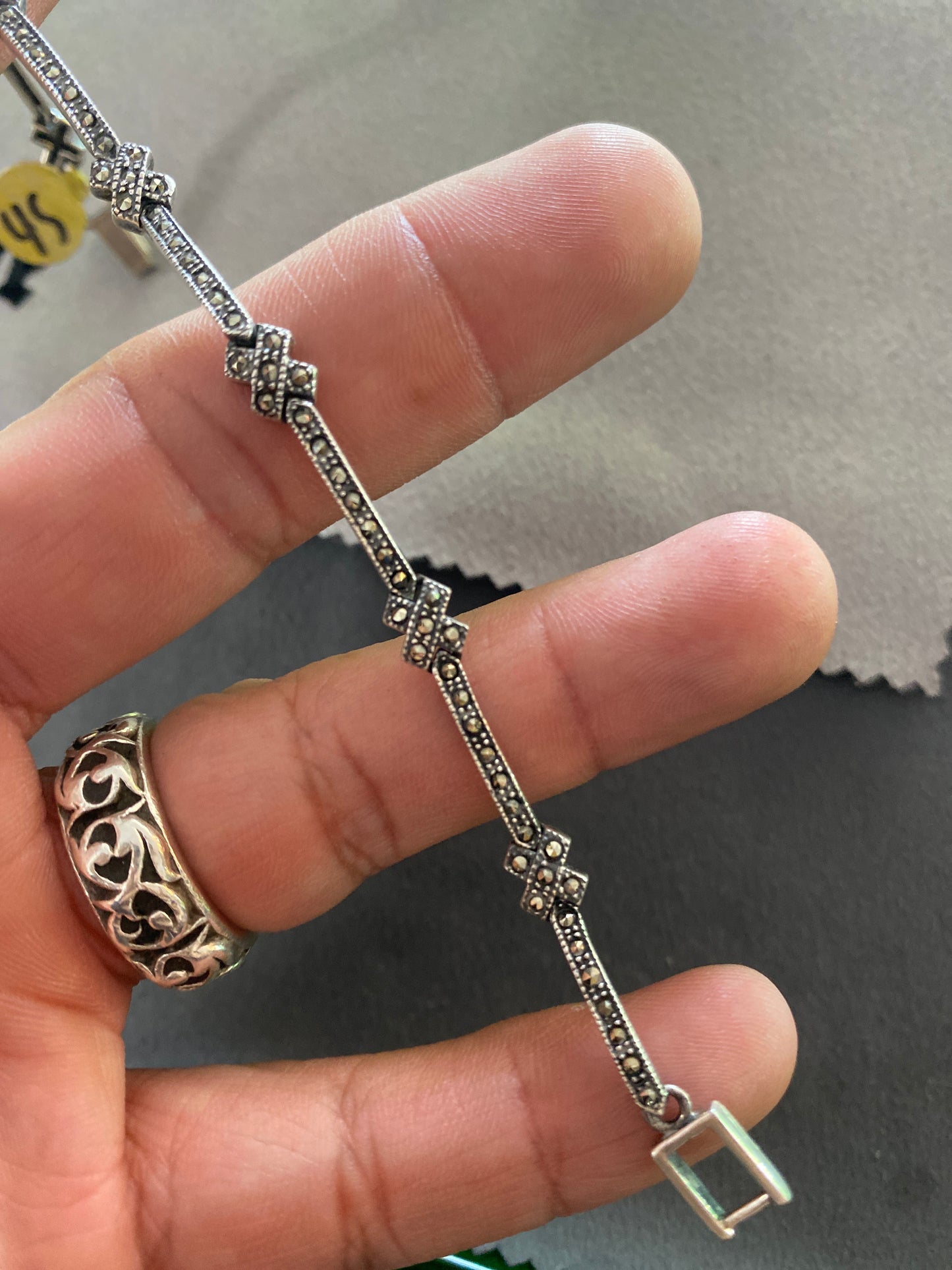 .925 Sterling Silver Onyx Opal Link Bracelet Sz 8”