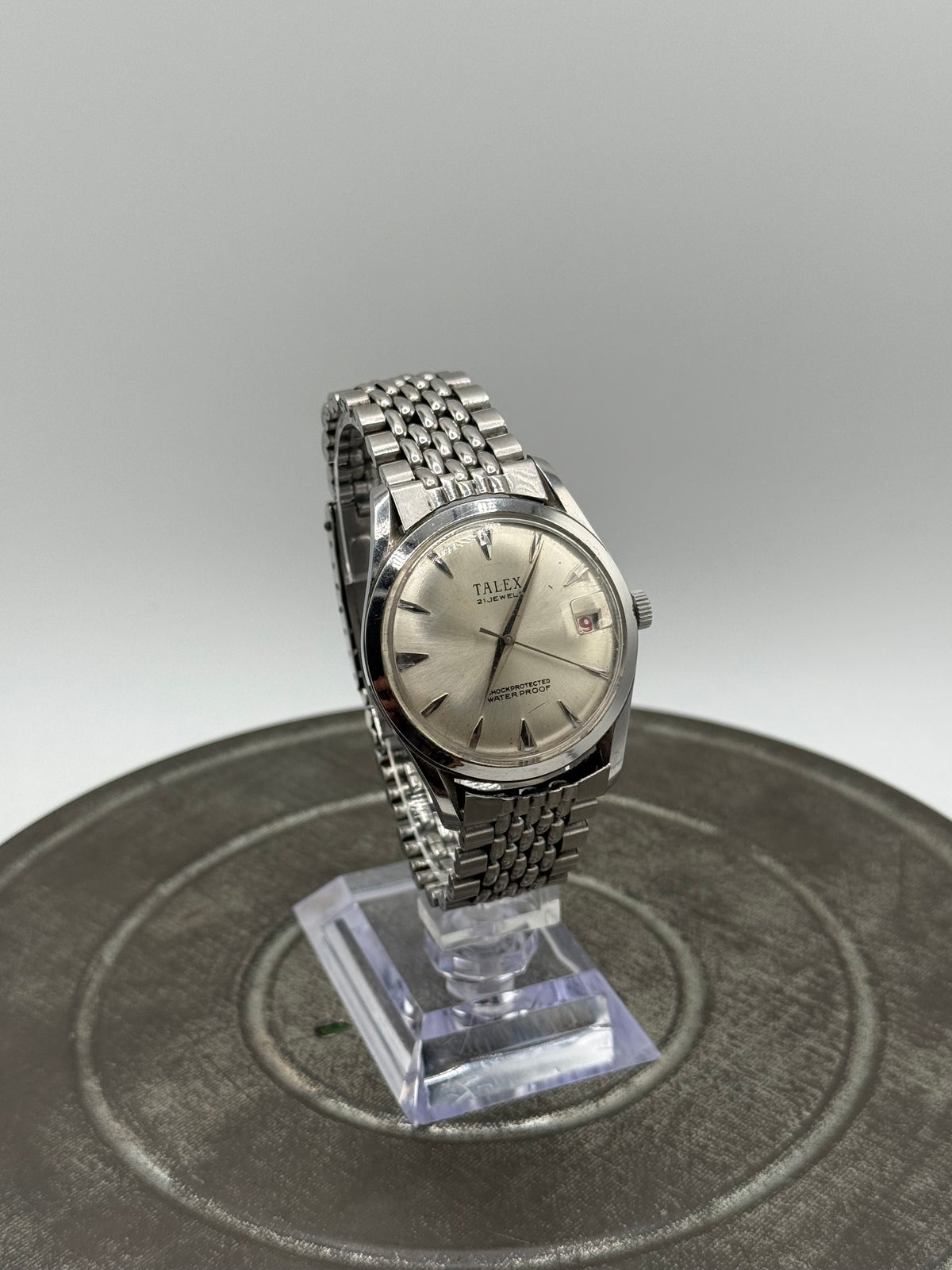 Vintage Talex 21 Jewel Mechanical Watch – Silver Dial, Date Display, Stainless Steel Bracelet windup