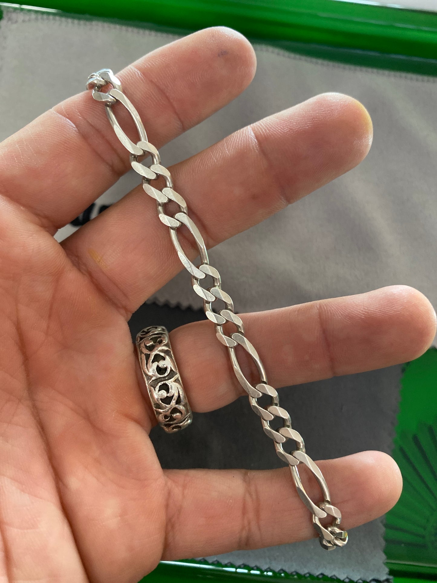 .925 Sterling Silver Wide Figaro Link Bracelet Sz 9”