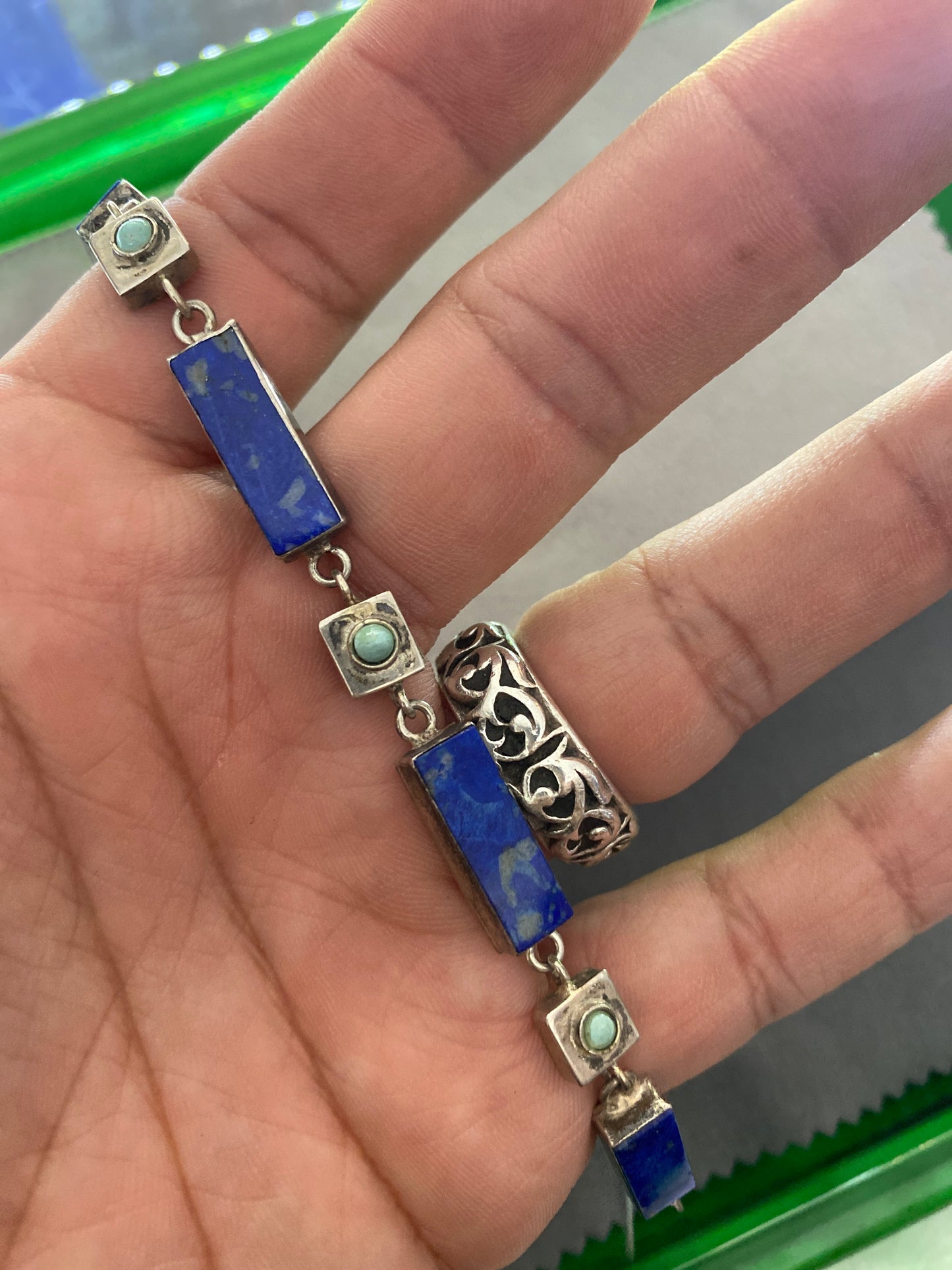 .925 Sterling Silver Lapiz Turquoise Box Bracelet Sz 8”
