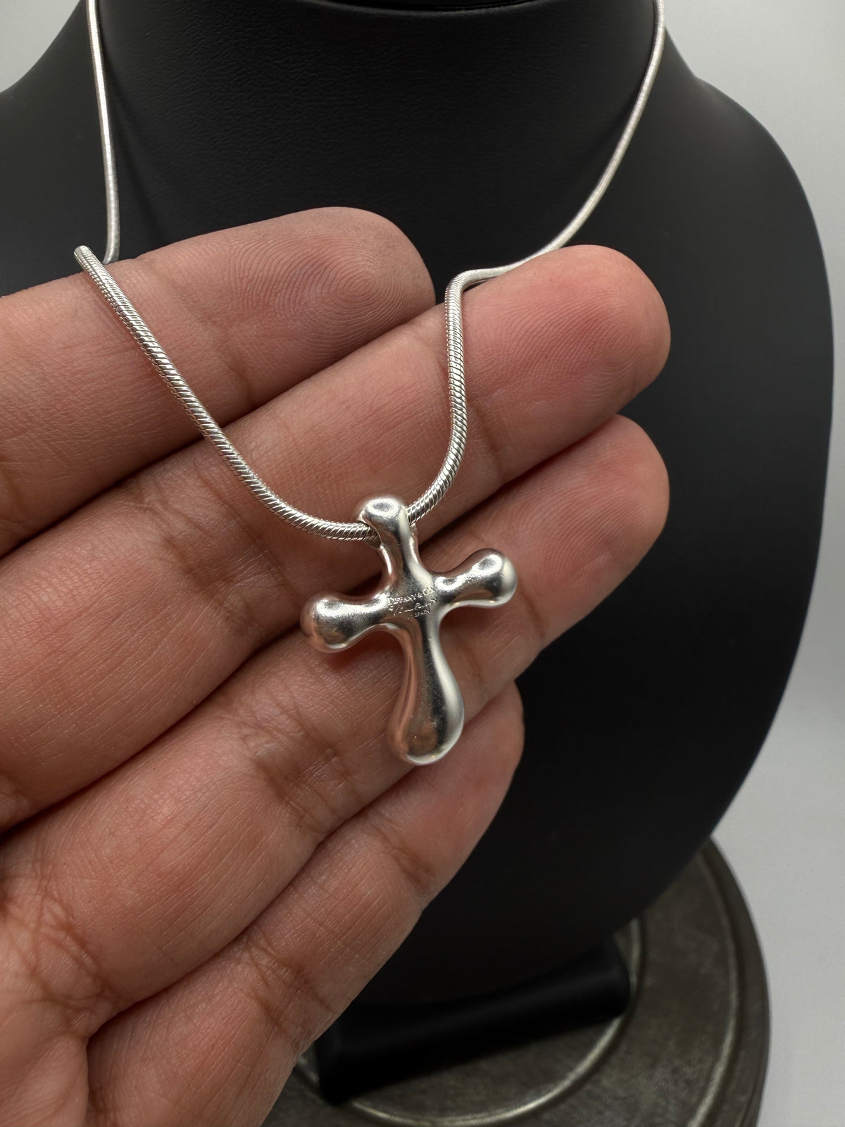 .925 Sterling Silver Tiffany and Co. cross pendant and chain 18”