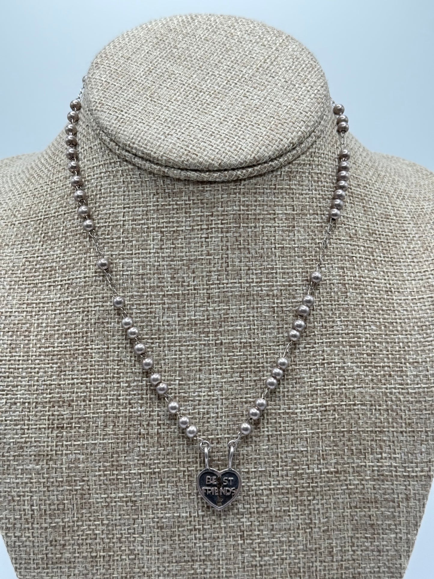 .925 Sterling Silver Beaded “Best Friends” Heart Pendant Necklace Sz. 16in
