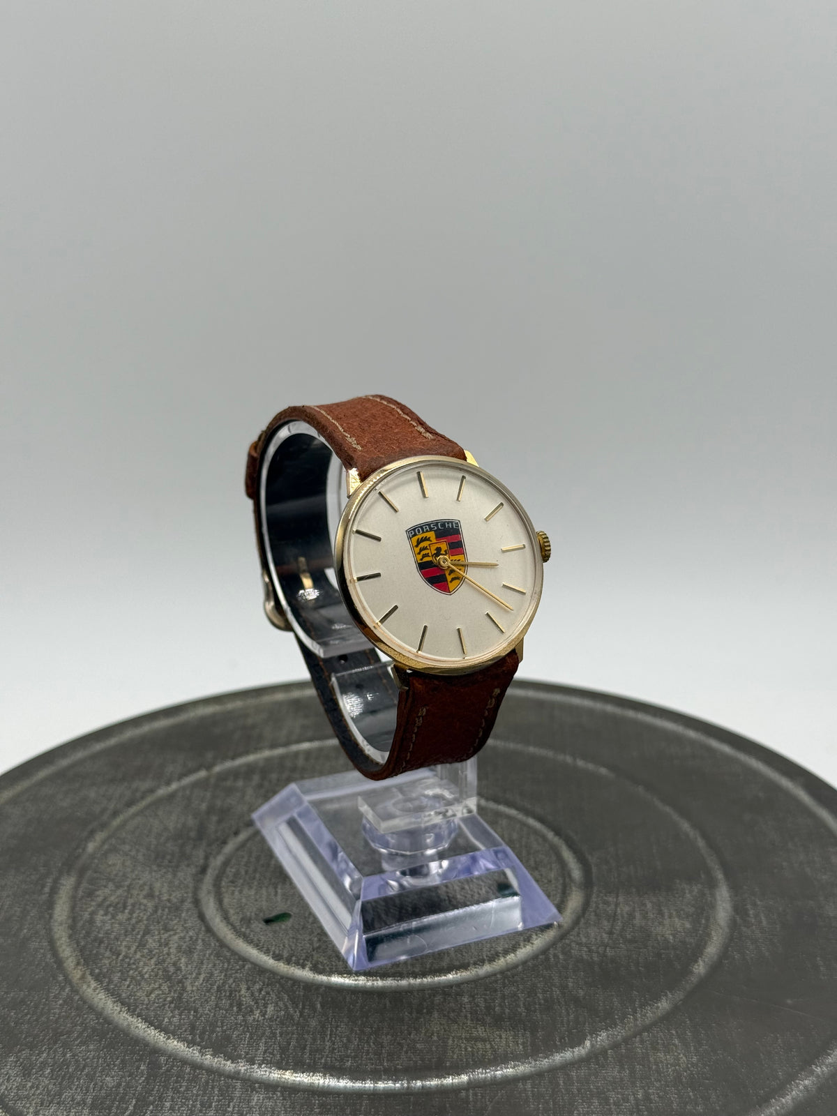 Vintage Porsche Crest Logo Gold-Tone Watch Brown Leather Strap