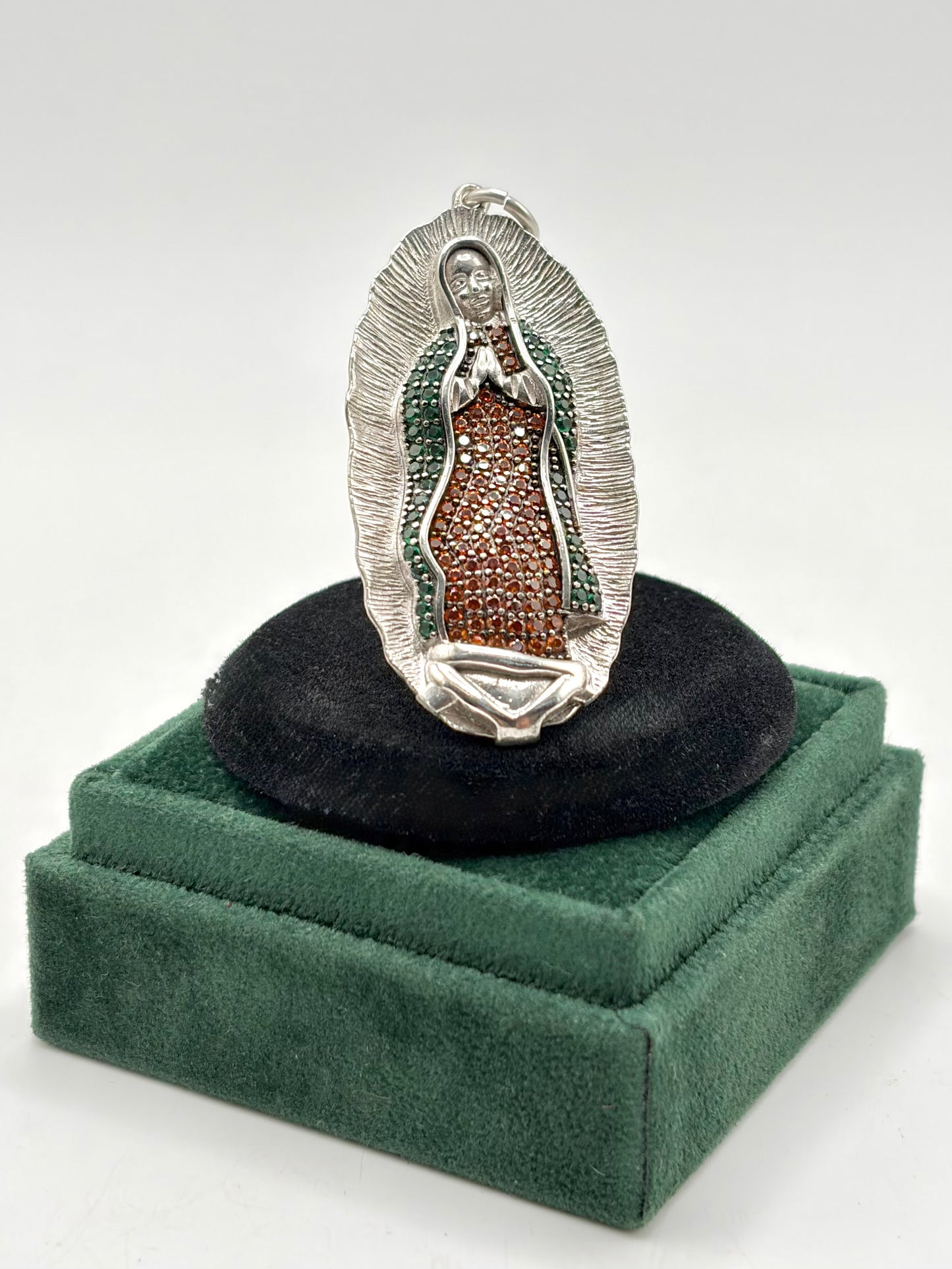 .925 Sterling Silver Large Virgin Mary Pendant with Stones