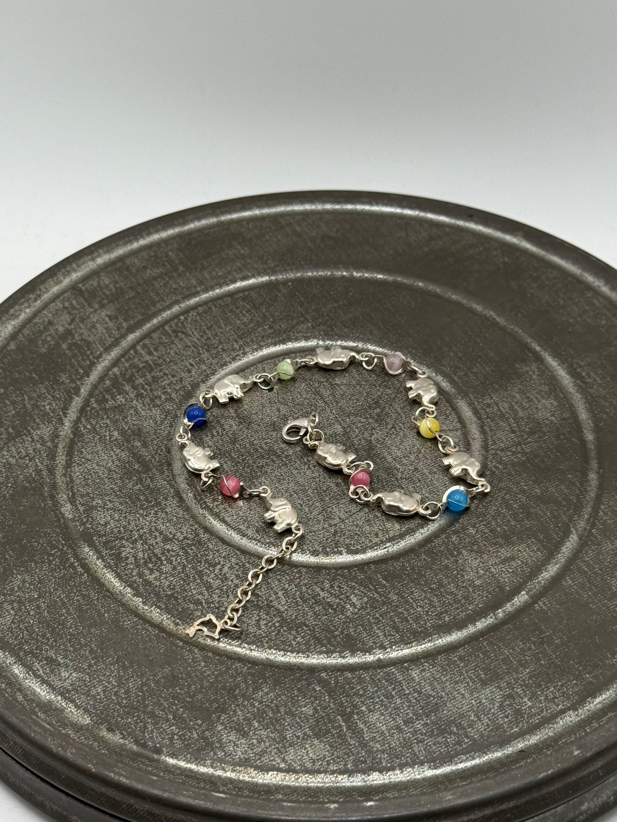.925 Sterling Silver Elephant & Multicolor Bead anklet sz. 9-10”