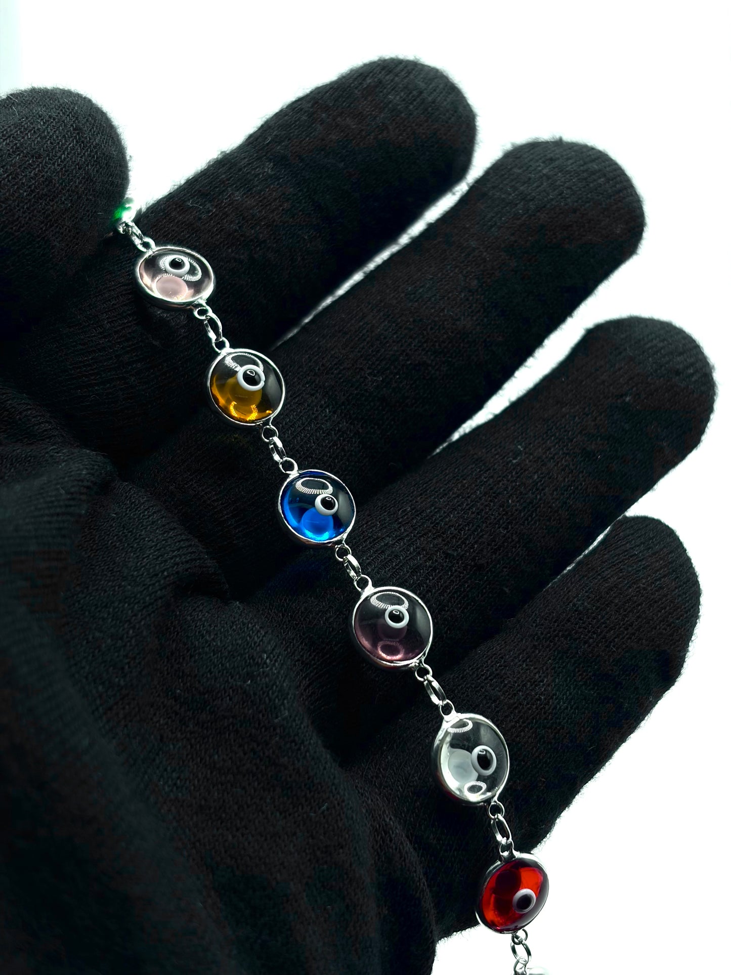 .925 Sterling Silver Evil Eye Bracelet Multicolor Translucent 7in