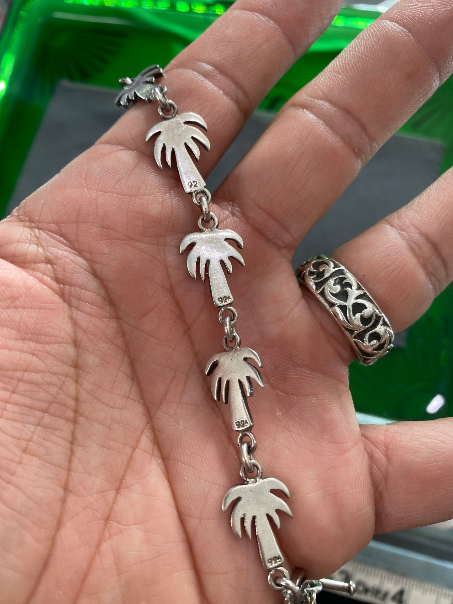 .925 Sterling Silver Palm Tree Link Bracelet 7”