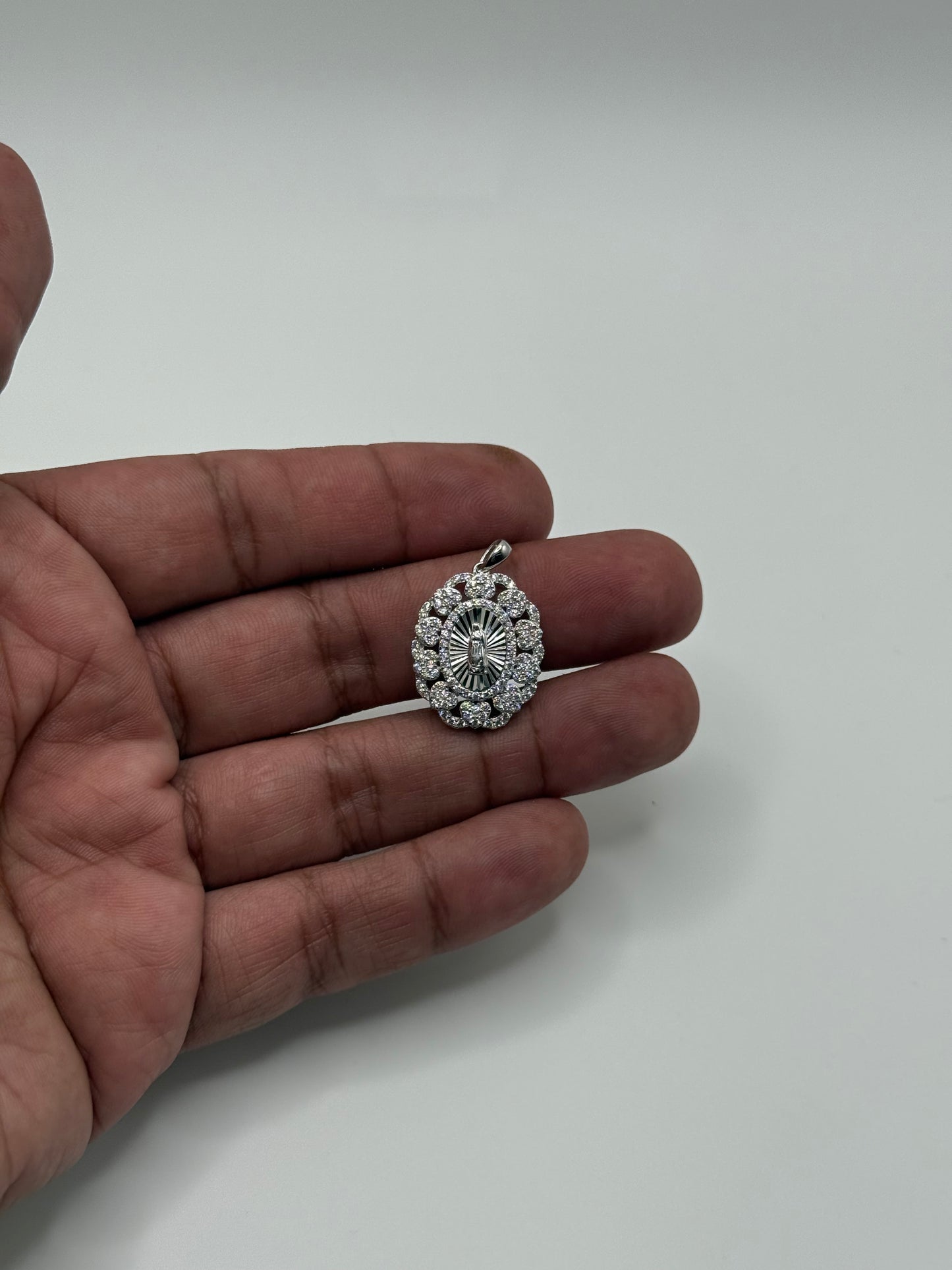 .925 Sterling Silver Virgin Mary Halo CZ Religious Pendant