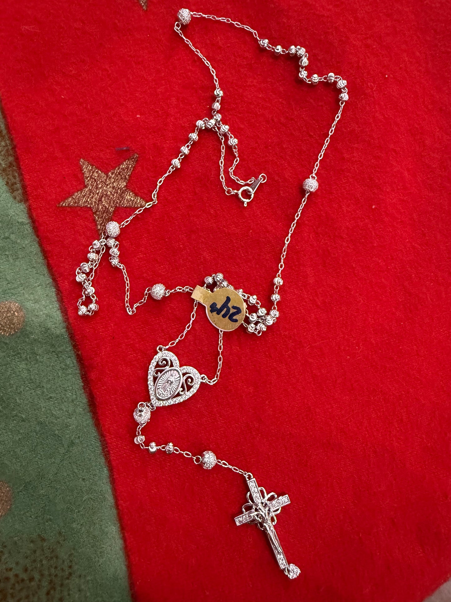.925 Sterling silver Rosario rosary 24” Virgin Mary heart
