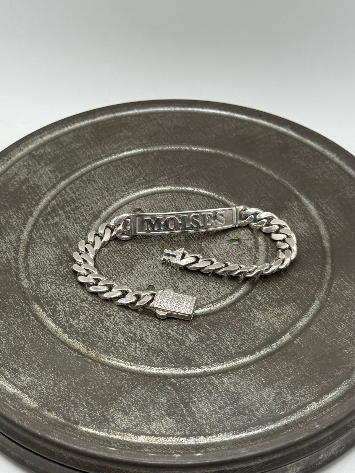 .925 Sterling Silver Custom “MOISES” Monaco Cuban Link ID Bracelet – CZ clasp Sz. 8”