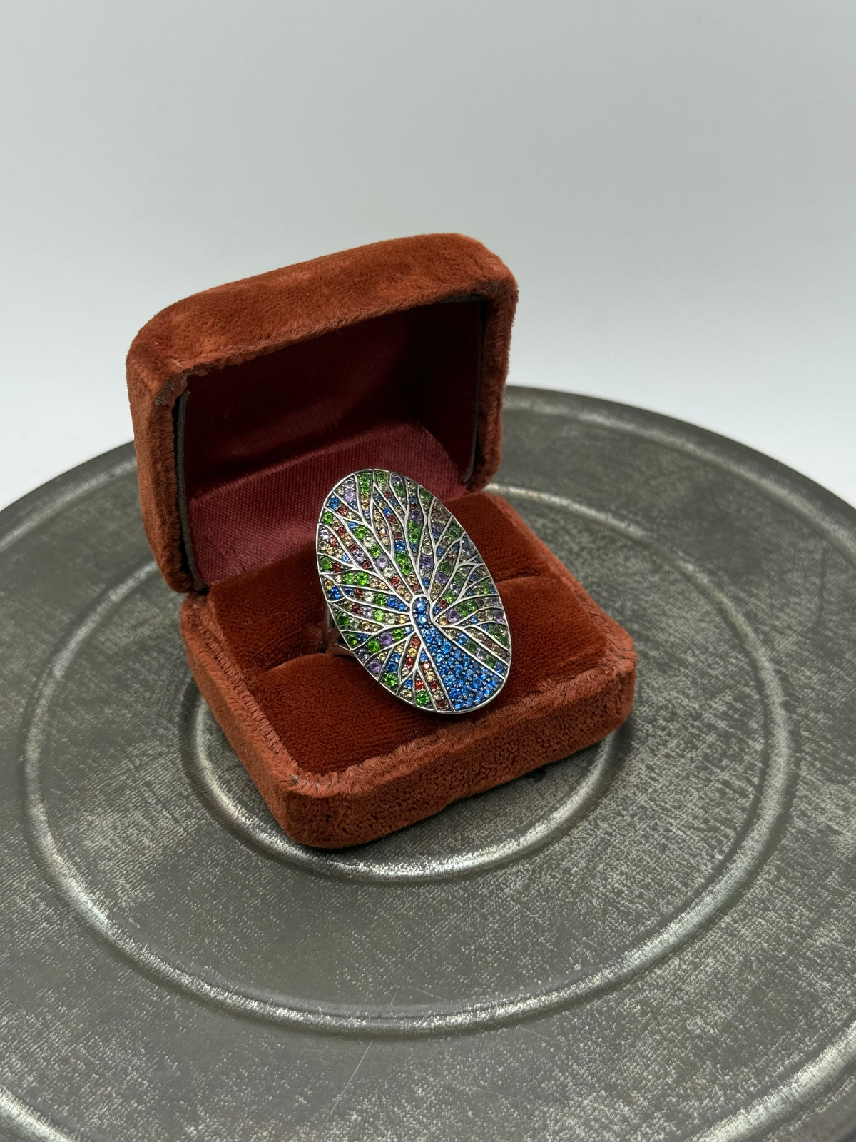.925 Sterling Silver Multicolor Crystal Peacock Oval Ring – Art Deco Style Sz. 11