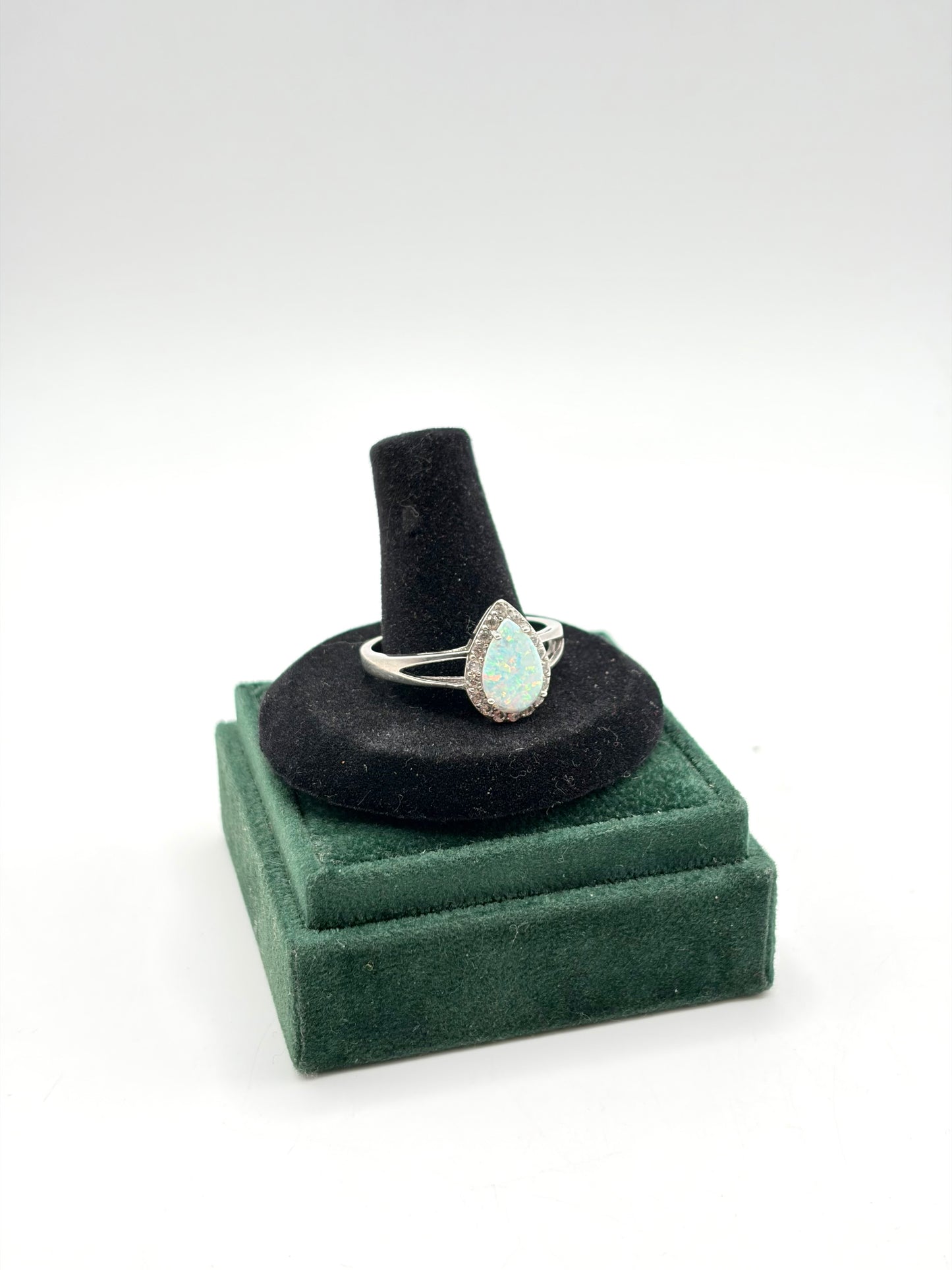 .925 Sterling Silver Tear Drop Opal CZ Ring Sz. 13