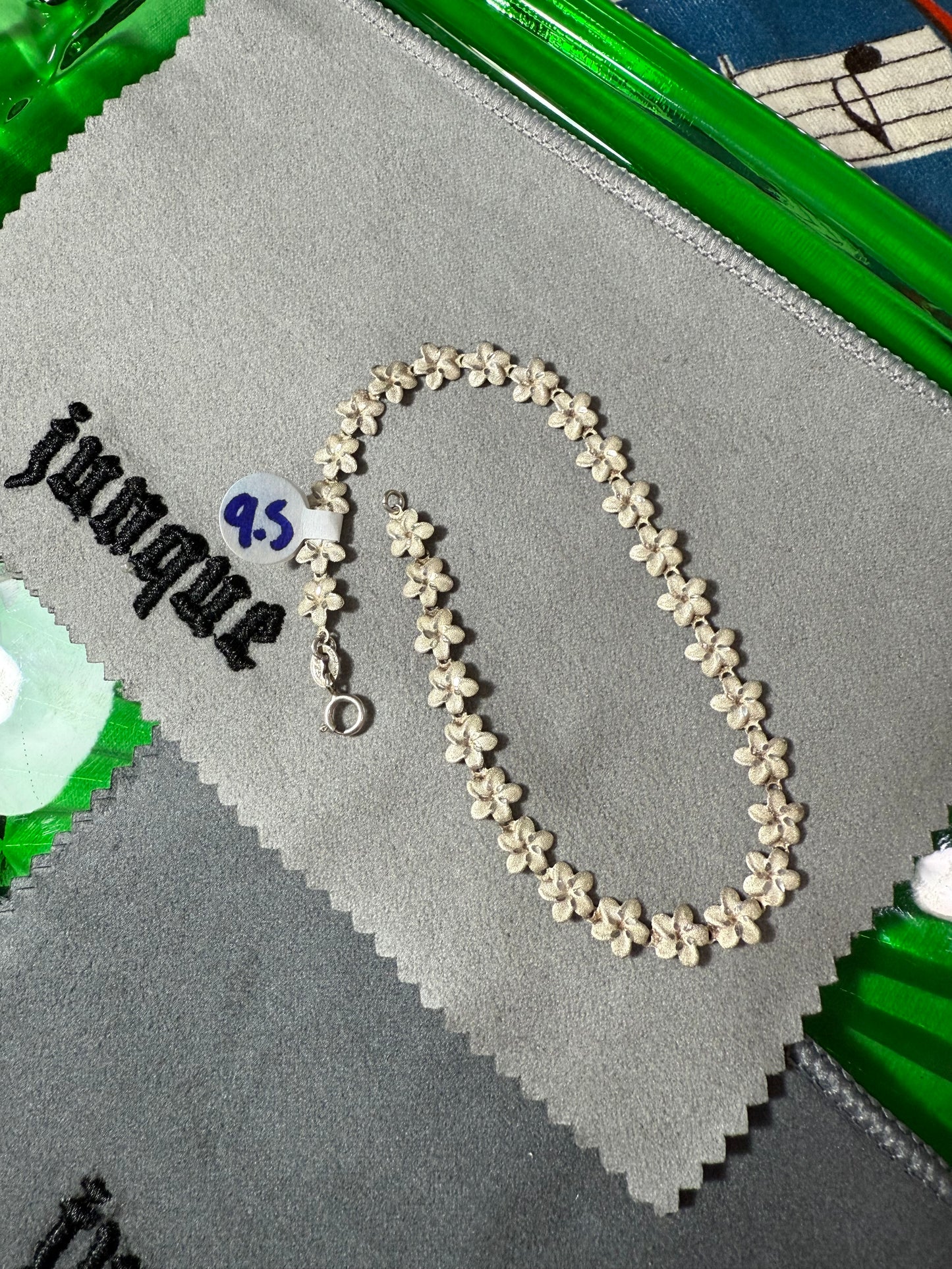 .925 Sterling Silver flower bracelet anklet 9.5”