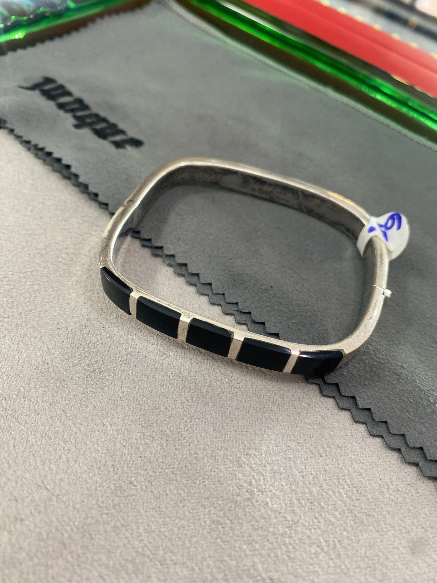 .925 Sterling Silver Onyx Square Bangle Cuff Bracelet