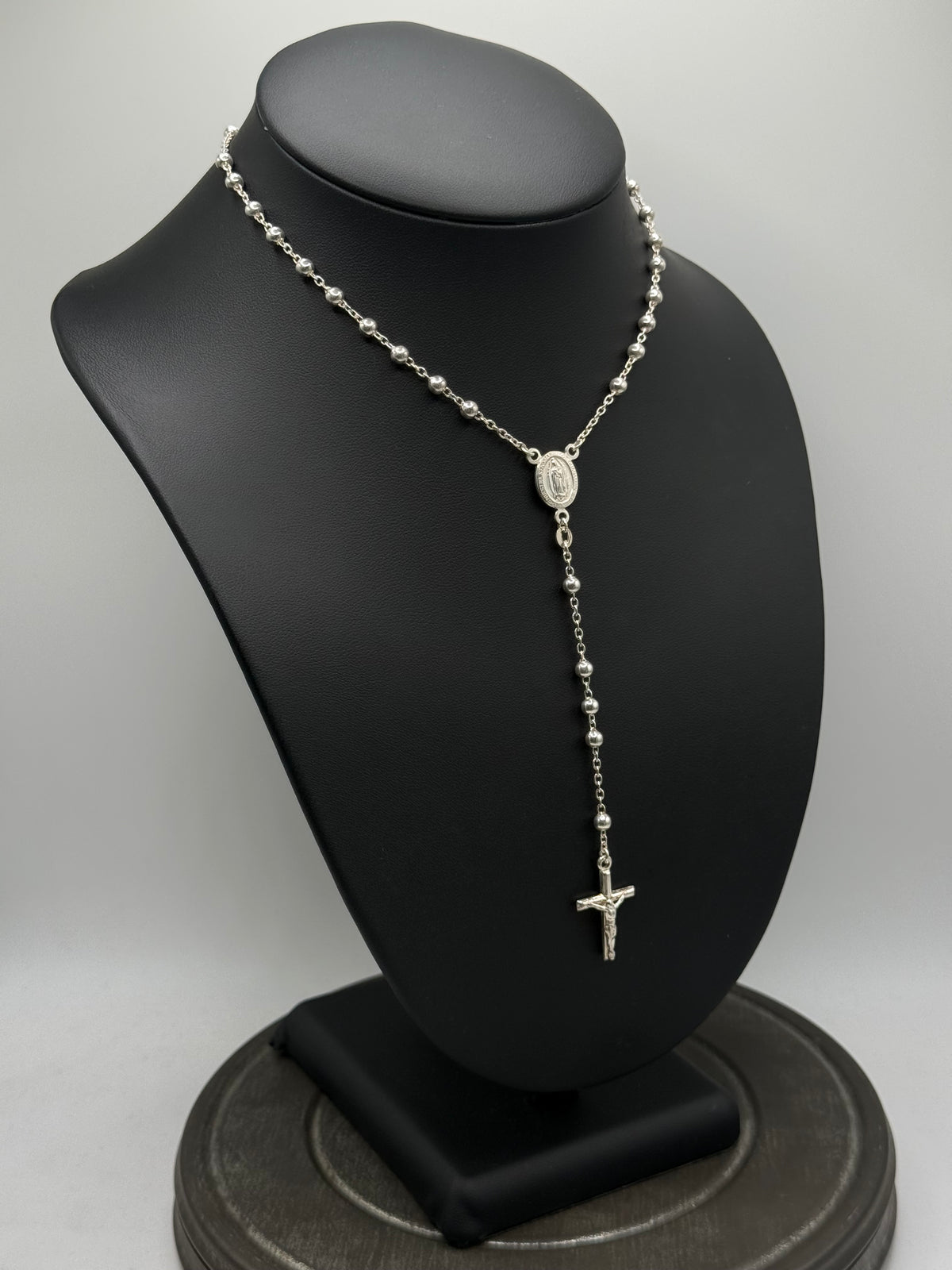 .925 Sterling Silver Beaded Rosary Necklace with Crucifix – Classic Catholic Style 26”