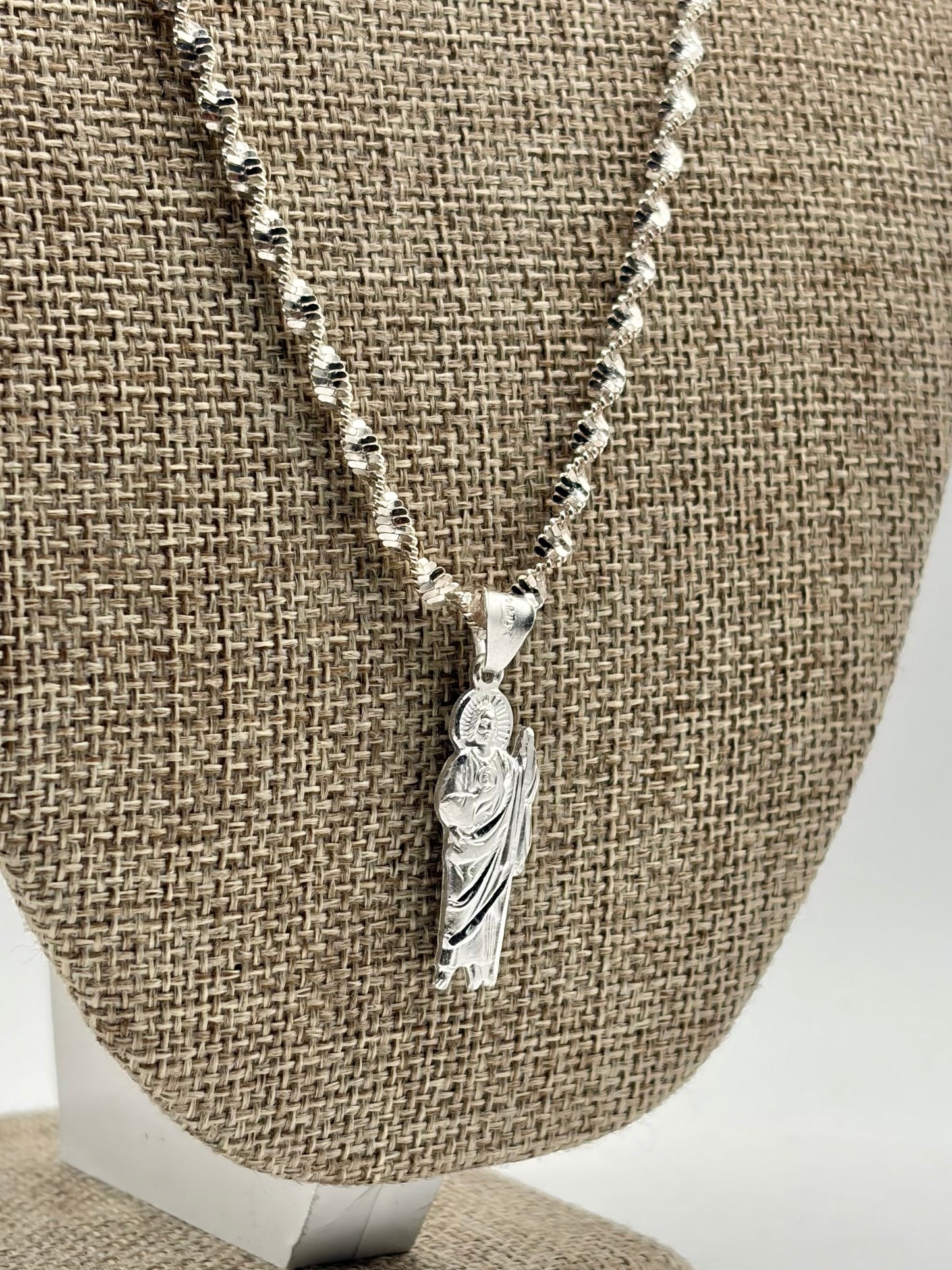 .925 Sterling Silver Twist Rope Necklace with San Judas Pendant 20”