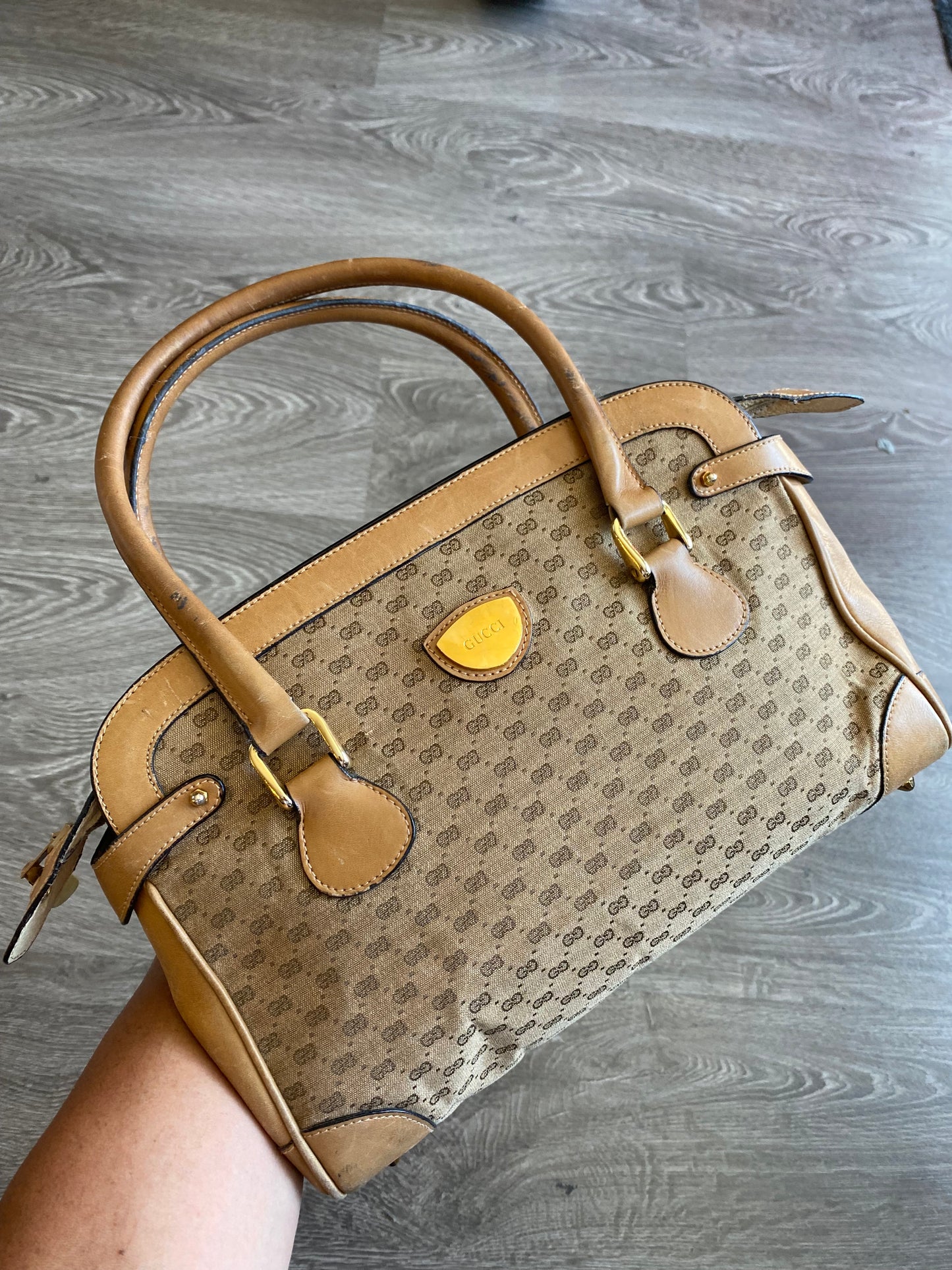 Vintage Gucci Micro GG Canvas Top Handle Leather Hand Bag Handbag Purse Light Brown