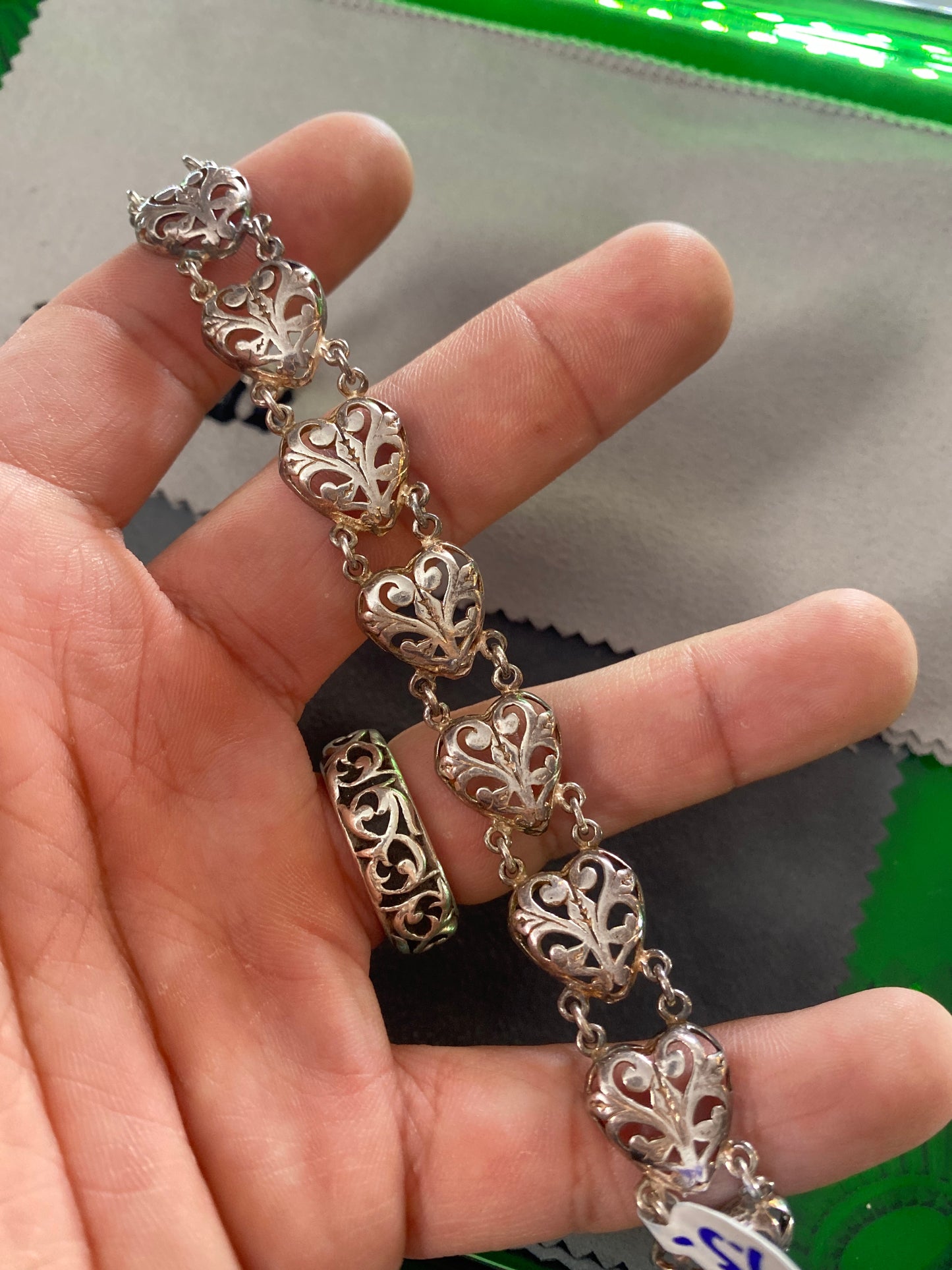 .925 Sterling Silver Floral Heart Bracelet Sz 7.5”