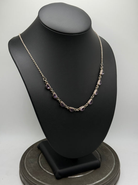 .925 Sterling Silver Purple Gemstone Amethyst Station Necklace – Teardrop Bezel Settings 21”