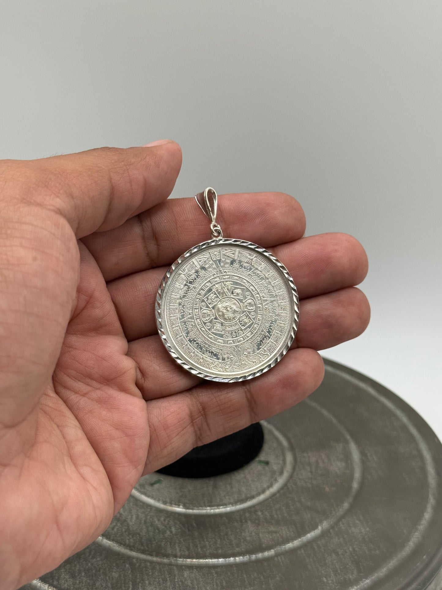 .925 Sterling Silver Aztec Calendar Sun Stone Medallion Pendant