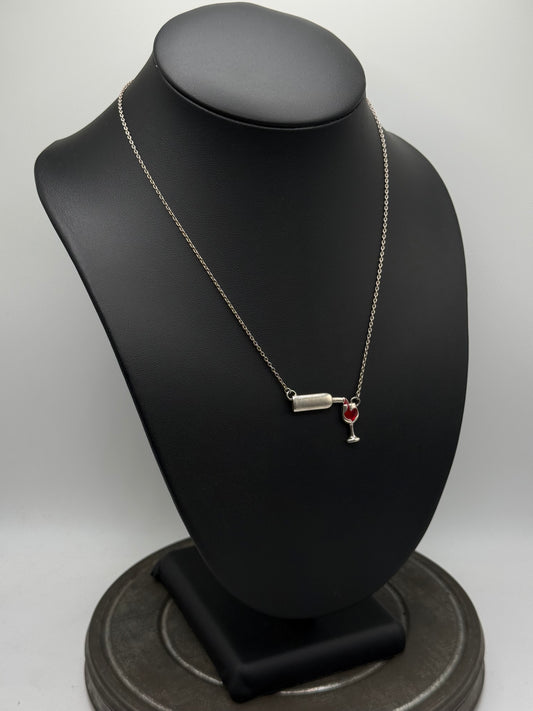 .925 Sterling Silver Wine Bottle & Red Wine Glass Charm Necklace – Dainty 18”