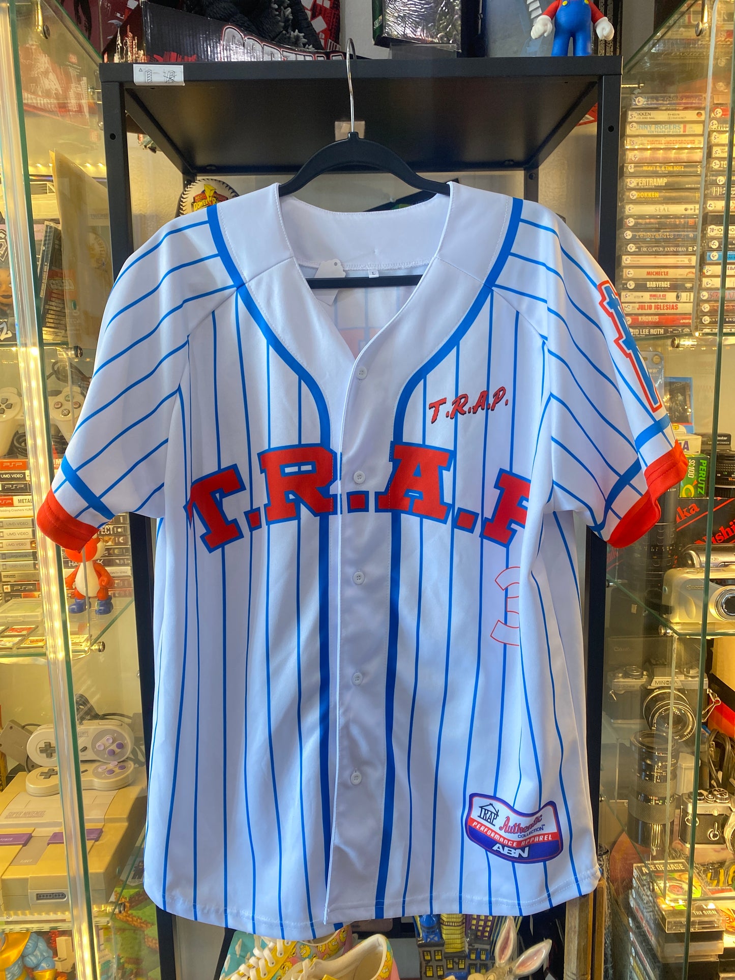 Trap House White Blue Baseball Jersey Sz Large