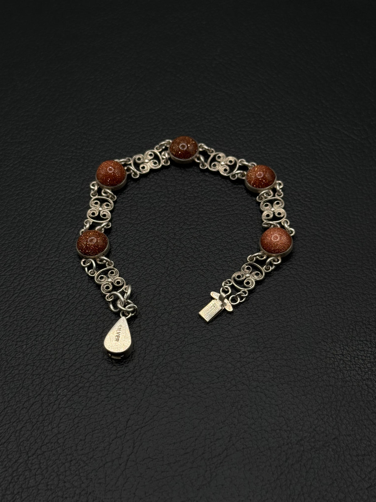 .925 Silver Filigree Link Bracelet with Brown Goldstone Cabochons – Vintage Boho Style