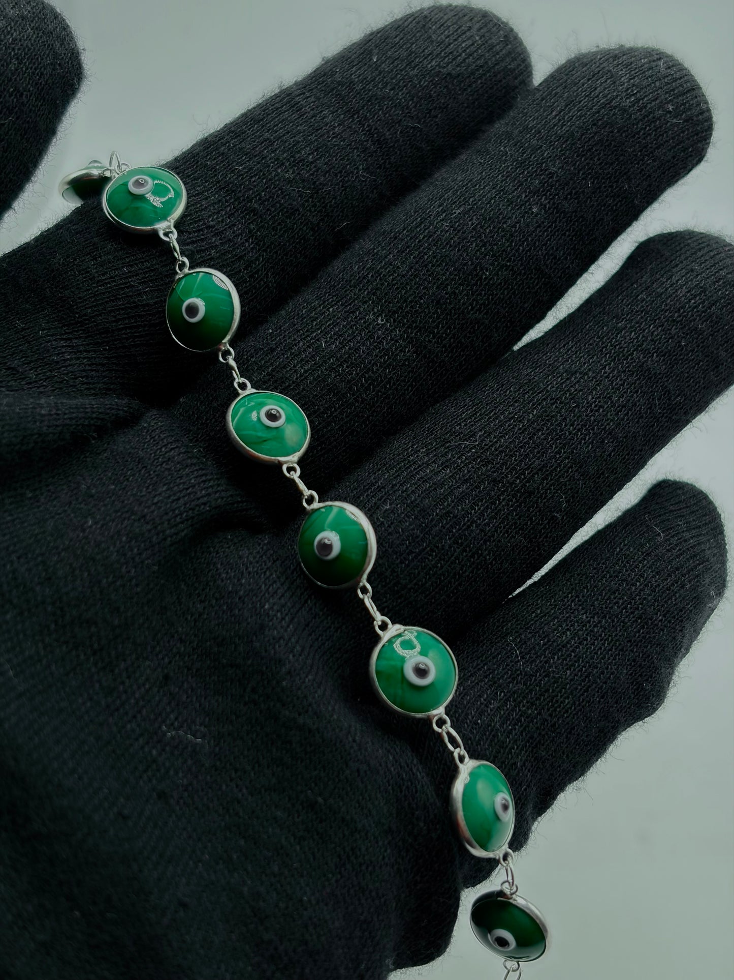 .925 Sterling Silver Evil Eye Bracelet Green 7in