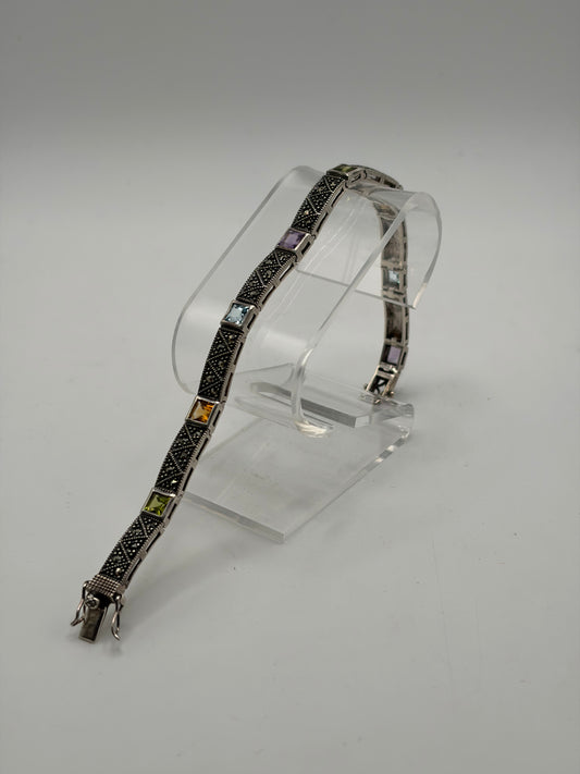 .925 Sterling Silver Vintage Marcasite Bracelet w/ Amethyst & Peridot Gemstones Sz. 8in