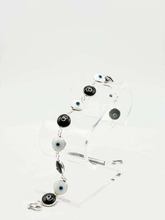 .925 Sterling Silver Evil Eye Bracelet Black and White Pattern 7in