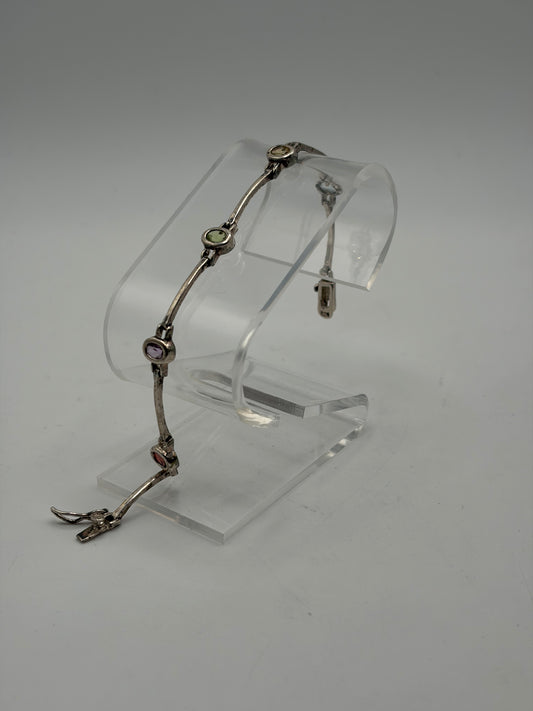 .925 Sterling Silver Minimalist Link Bracelet w/ Green Stone Accents Sz. 7in