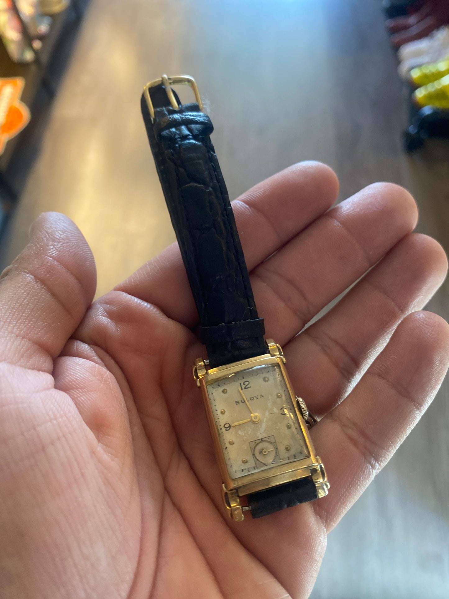 Vintage Bulova Tank Style Gold Tone Watch Leather Band