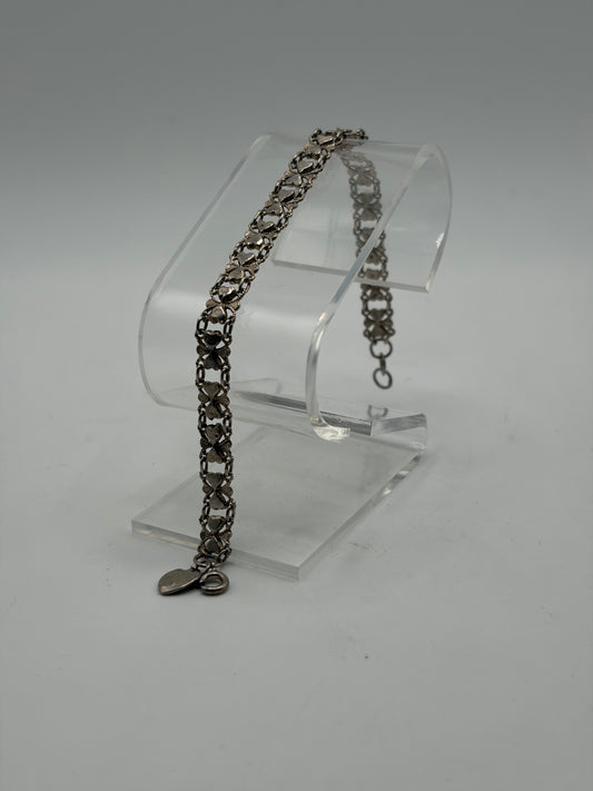 .925 Sterling Silver Vintage Heart & Clover Link Bracelet Sz. 7in