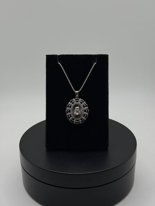 .925 Sterling Silver Jesus Pendant with CZ and Ball Chain Necklace 20”
