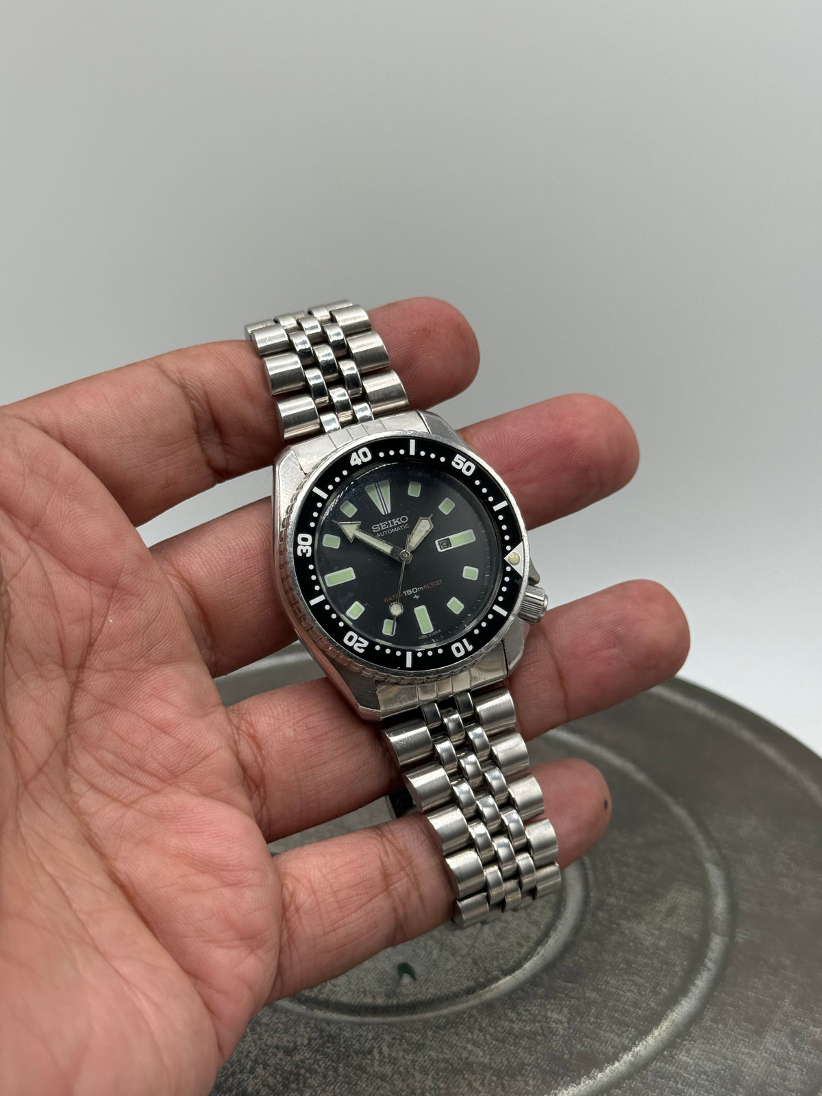 Vintage Seiko Automatic Diver Scuba Watch with Black Dial & Stainless Steel Bracelet