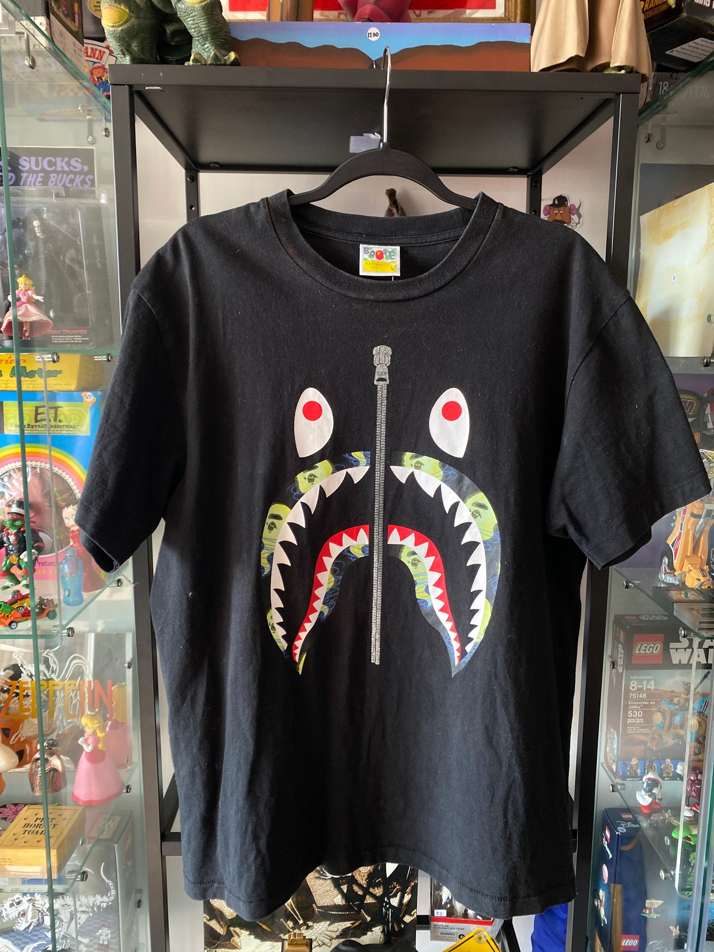 Bape Shark Face Silver Zipper T-Shirt Black Sz Large