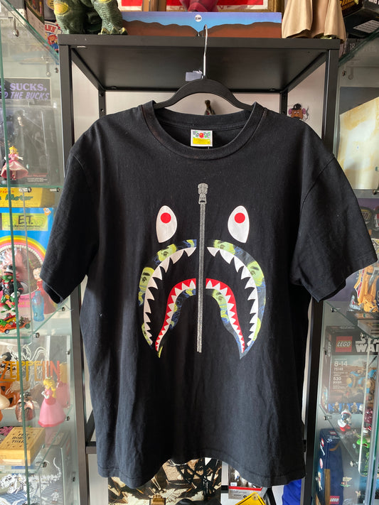 Bape Shark Face Silver Zipper T-Shirt Black Sz Large