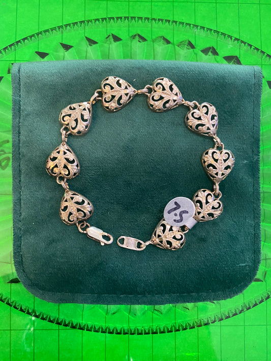 .925 Sterling Silver Hearts Bracelet 7.5”