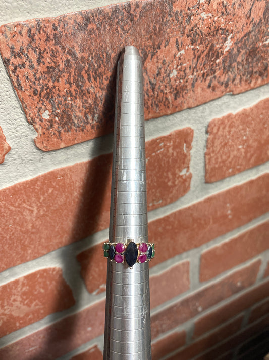 .925 Sterling Silver Multi Gemstone Onyx Ring Sz 8”