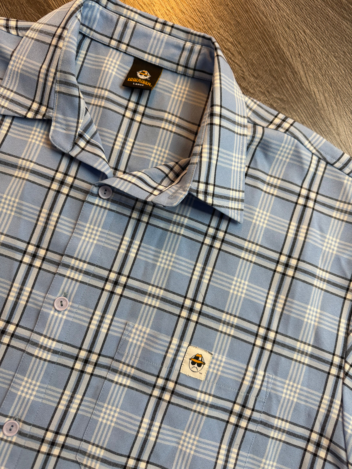 Lowrider Light Blue Plaid Short Sleeve Button-Up Shirt Sz. Large