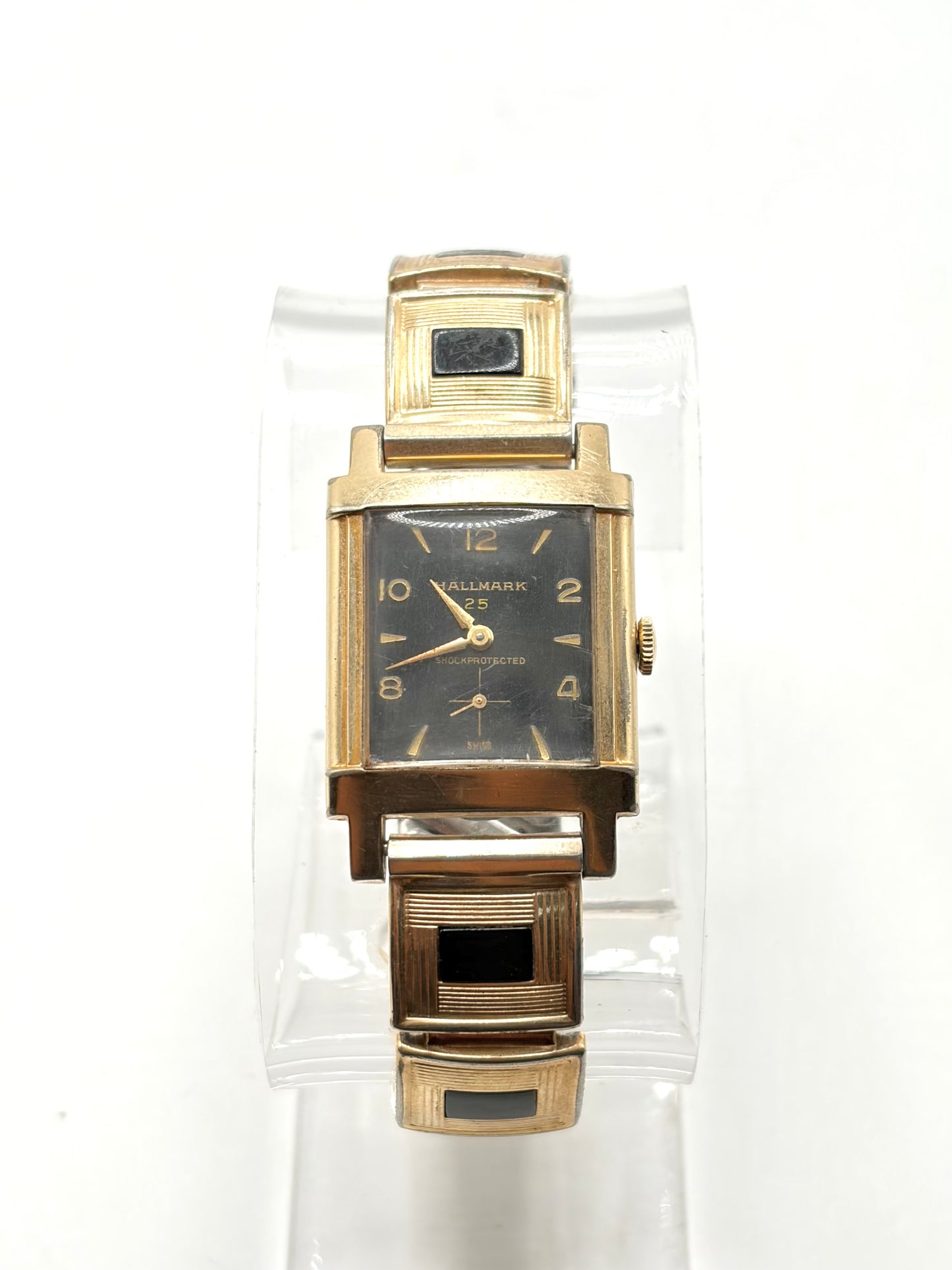 Hallmark 25 Shockprotected Swiss Rectangular Gold Tone Watch