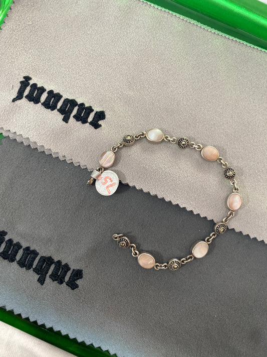 .925 Sterling Silver Oval Pearl Quartz Link Bracelet Sz 7.5”