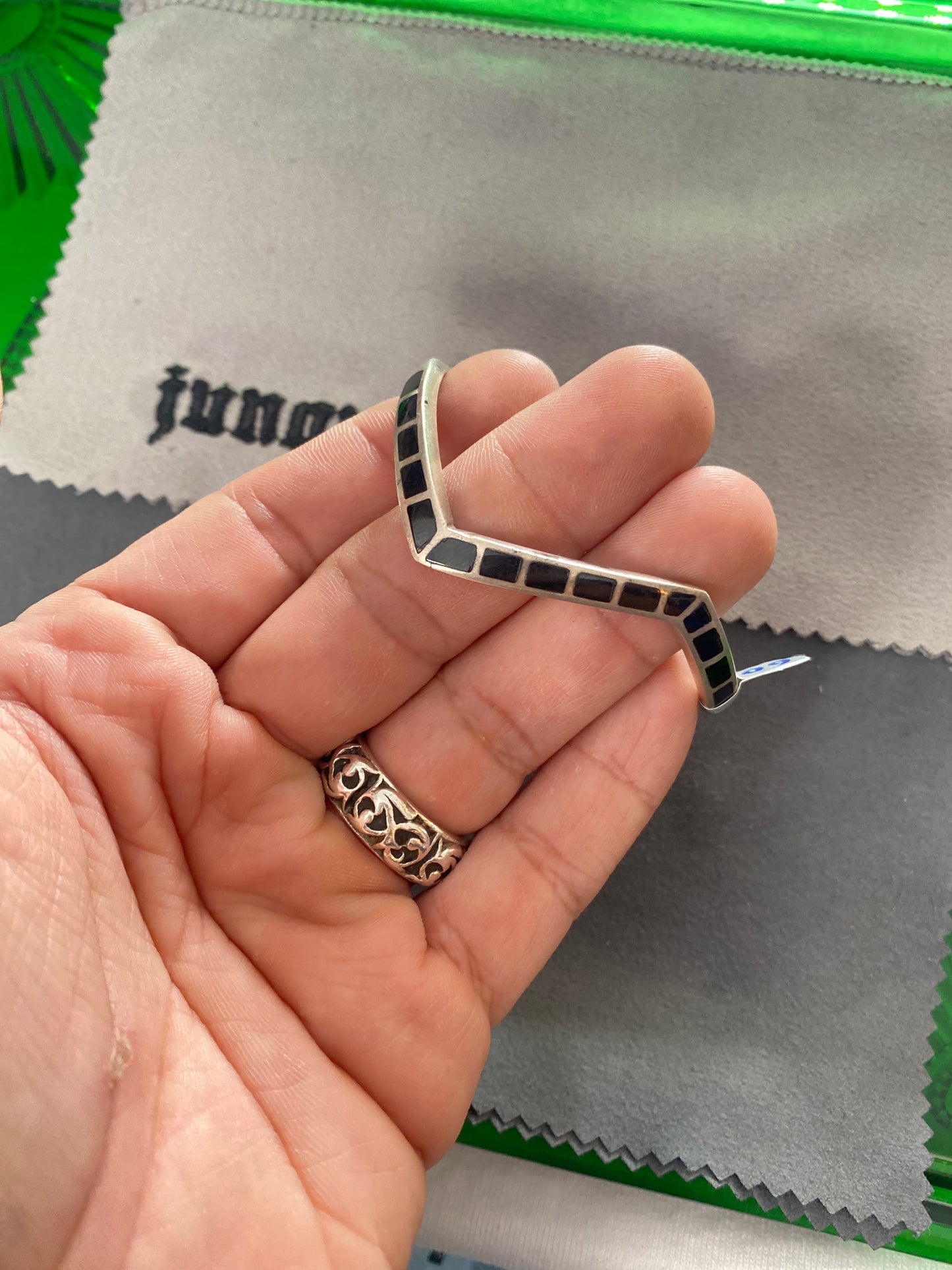 .925 Sterling Silver Onyx Zig Zag Cuff Band Bracelet