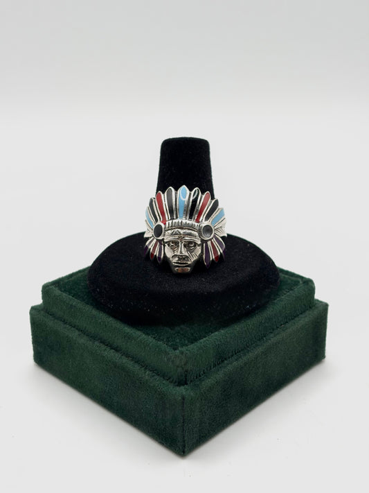 .925 Sterling Silver Multicolor Native American Face and Headwear Ring Sz. 10