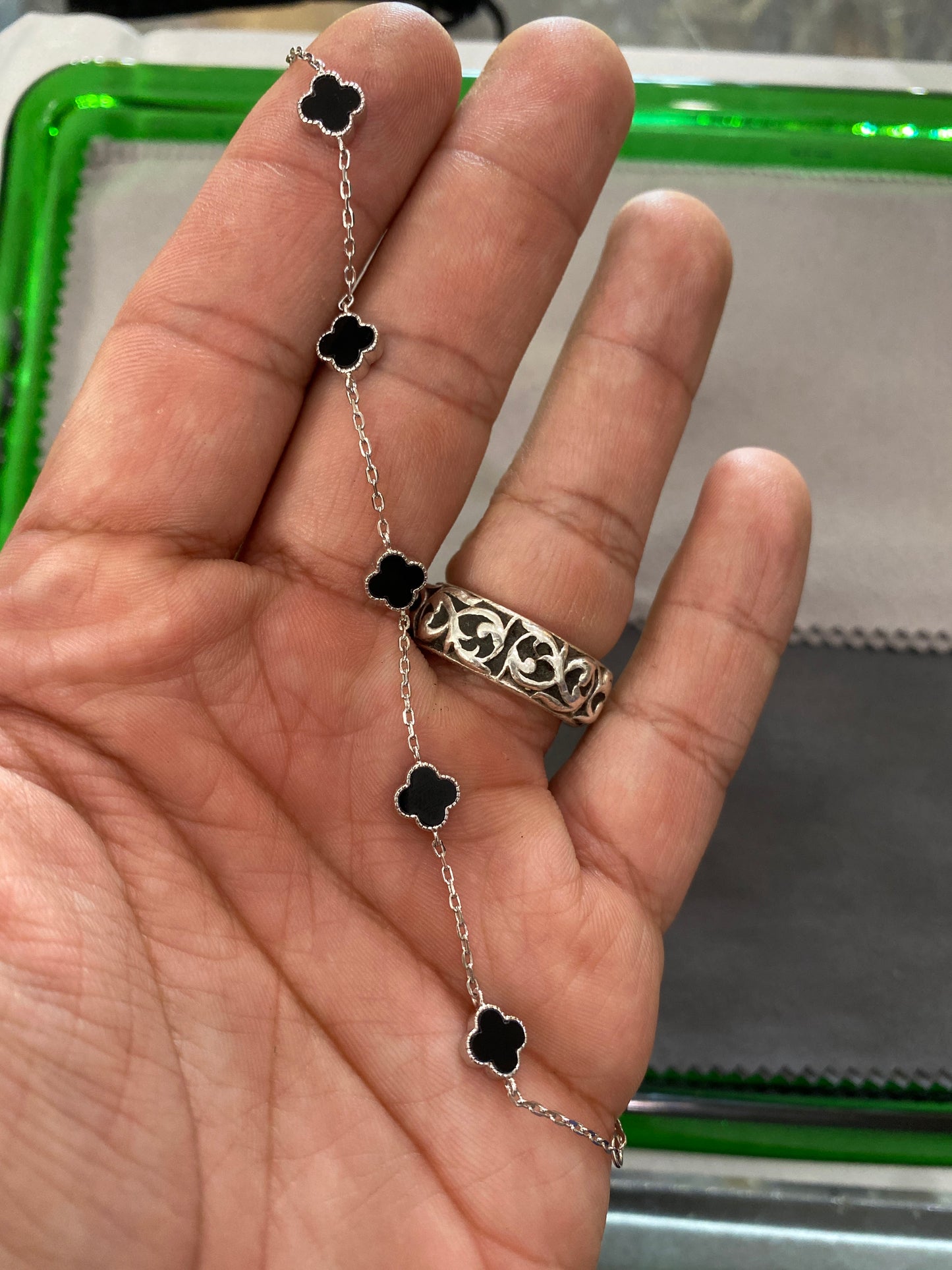 .925 Sterling Silver Van Cleef Style Link Bracelet Onyx Black Sz 7.5