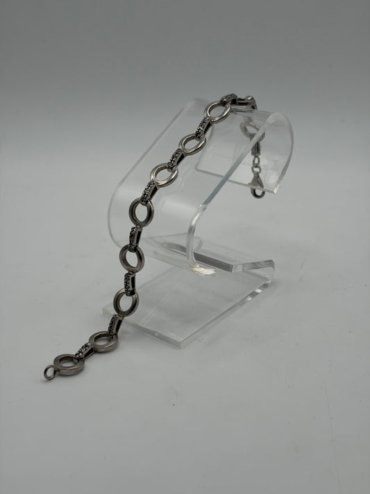.925 Sterling Silver Circle Link Bracelet w/ Pavé CZ Accents Sz. 7.5in