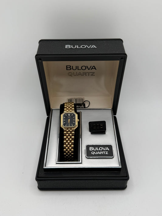 Bulova Quartz Gold Tone Black Dial Dress Watch w/ Original Box
