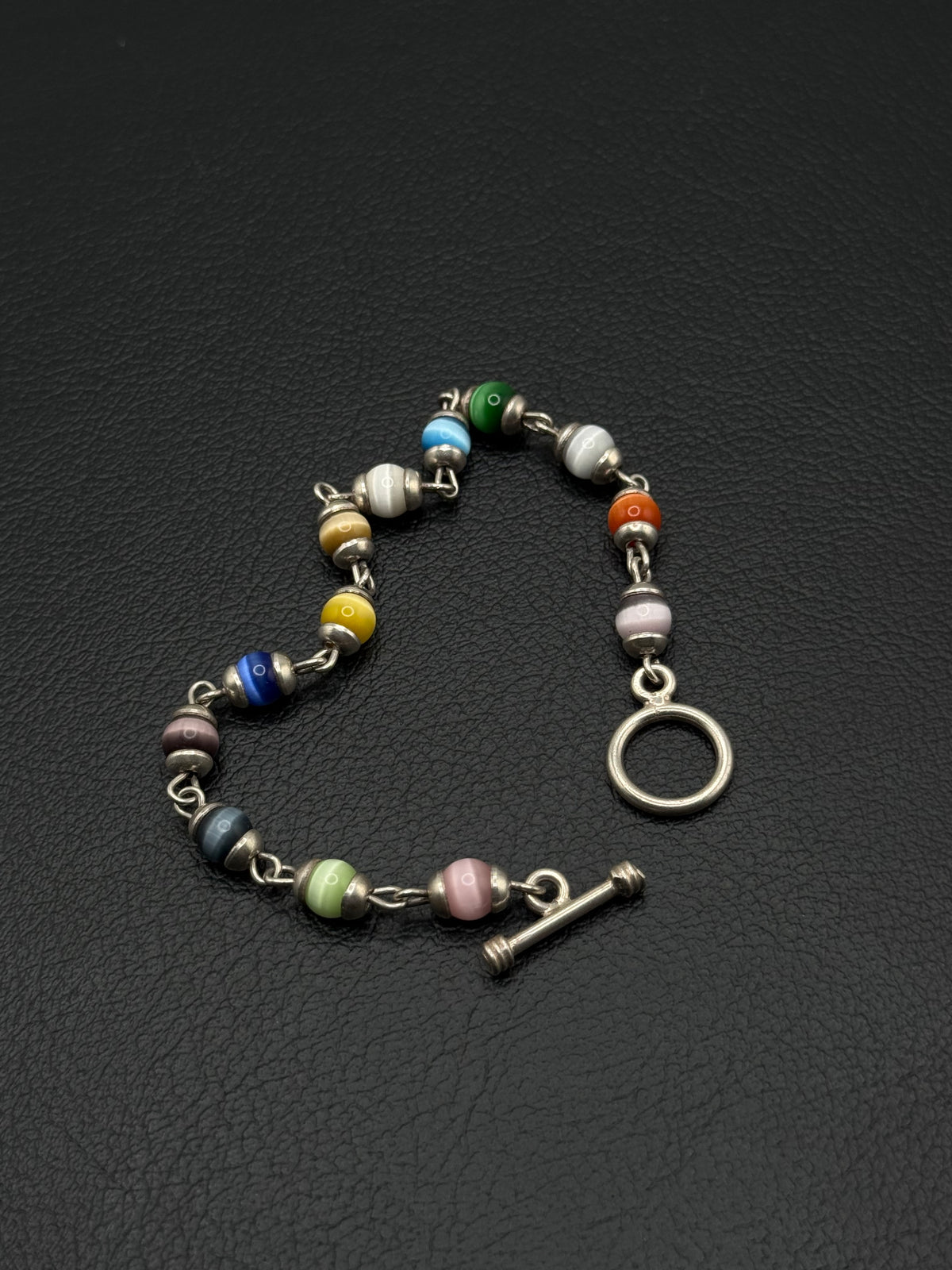 .925 Sterling Silver Multicolor Cat Eye Glass Bead Bracelet Toggle Clasp – Boho Style Sz. 8